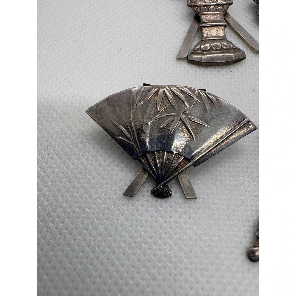 Vintage 950 Silver Japan Scarf Clip Set Dragon Boat Pagoda Samurai Fan 16.38g